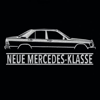 T-Shirt, Stickerei mittig groß, Mercedes 190, W201, Text NEUE MERCEDES-KLASSE, Weiße Schrift