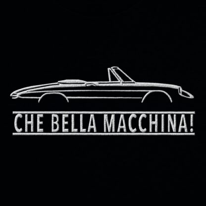 T-Shirt, Stickerei mittig groß, Alfa Romeo Spider, Duetto, Text CHE BELLA MACCHINA!, Weiße Schrift