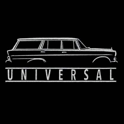 T-Shirt, Stickerei mittig groß, Mercedes W110 Universal, Heckflosse, Text UNIVERSAL, Weiße Schrift