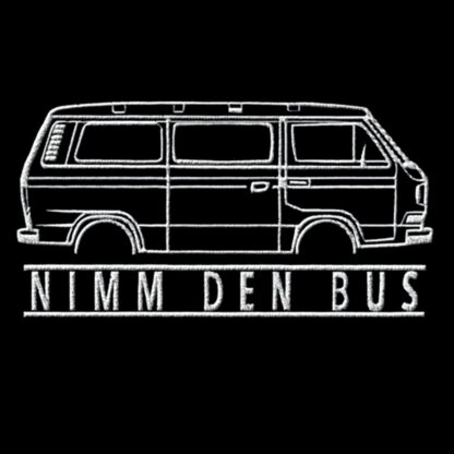 T-Shirt, Stickerei mittig groß, VW T3, Bulli, Text NIMM DEN BUS, Weiße Schrift