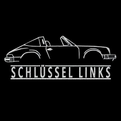 T-Shirt, Stickerei mittig groß, 911 Targa, G-Modell, Text SCHLÜSSEL LINKS, Weiße Schrift