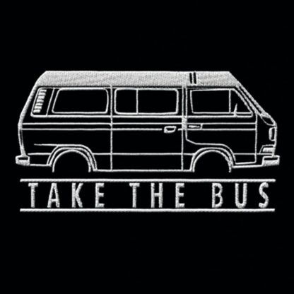 T-Shirt, Stickerei mittig groß, VW T3, Bulli, Camper geschlossen, Text TAKE THE BUS, Weiß