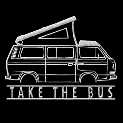 T-Shirt, Stickerei mittig groß, VW T3, Bulli, Camper Dach offen, Text TAKE THE BUS, Weiß