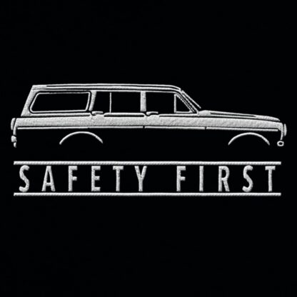 T-Shirt, Stickerei mittig groß, Volvo Amazon Kombi P220, Text SAFETY FIRST, Weiße Schrift