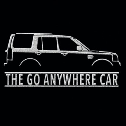 T-Shirt, Stickerei mittig groß, Land Rover Discovery, Text THE GO ANYWHERE CAR, Weiße Schrift