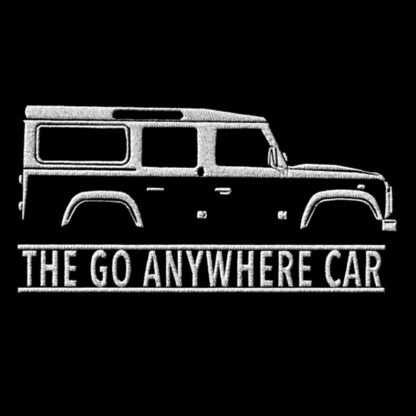 T-Shirt, Stickerei mittig groß, Land Rover Defender 110, Text THE GO ANYWHERE CAR, Weiße Schrift