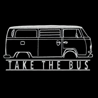 T-Shirt, Stickerei mittig groß, VW T2a, Bulli, Text TAKE THE BUS, Weiße Schrift