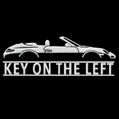 T-Shirt, Stickerei mittig groß, Porsche 911 997 Cabrio, Text KEY ON THE LEFT, Weiße Schrift