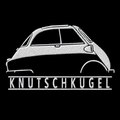 T-Shirt, Stickerei mittig groß, BMW Isetta, Text KNUTSCHKUGEL, Weiße Schrift