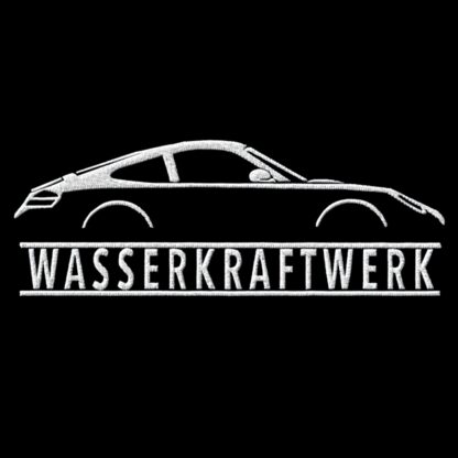 T-Shirt, Stickerei mittig groß, Porsche 996, Text WASSERKRAFTWERK, Weiße Schrift