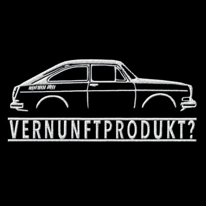 T-Shirt, Stickerei groß, VW Typ 3 Fließheck, Text VERNUNFTPRODUKT?, Weiße Schrift