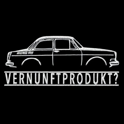 T-Shirt, Stickerei groß, VW Typ 3 Stufenheck, Text VERNUNFTPRODUKT?, Weiße Schrift