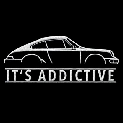 T-Shirt, Stickerei mittig groß, Porsche 911 964 Coupé, Text IT‘S ADDICTIVE, Weiße Schrift