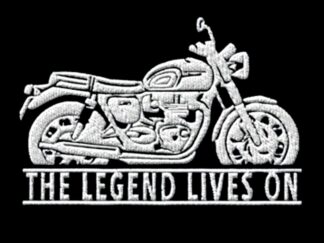 T-Shirt, Stickerei mittig , Triumph Bonneville, Text THE LEGEND LIVES ON, Weiße Schrift