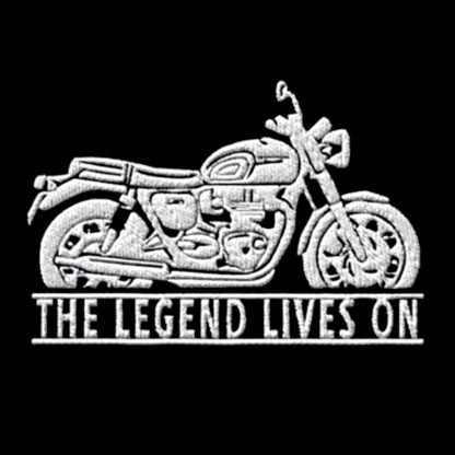 T-Shirt, Stickerei mittig , Triumph Bonneville, Text THE LEGEND LIVES ON, Weiße Schrift