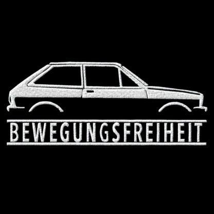 T-Shirt, Stickerei groß, Ford Fiesta Mk1, Text BEWEGUNGSFREIHEIT, Weiße Schrift