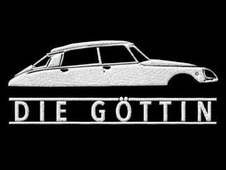 T-Shirt, Stickerei groß, Citroën DS, Text DIE GÖTTIN, Weiße Schrift