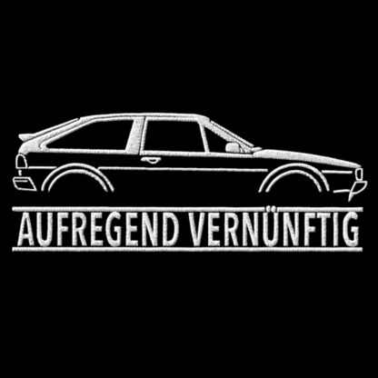T-Shirt, Stickerei groß, VW Scirocco 2, Text AUFREGEND VERNÜNFTIG, Weiße Schrift