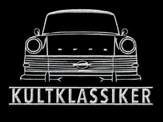 T-Shirt, Stickerei groß, Opel Rekord P2, Frontansicht, Text KULTKLASSIKER, Weiße Schrift