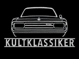 T-Shirt, Stickerei groß, Opel Rekord C, Frontansicht, Text KULTKLASSIKER, Weiße Schrift