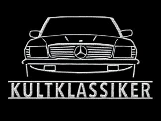 T-Shirt, Stickerei groß, Mercedes SL R107, Frontansicht, Text KULTKLASSIKER, Weiße Schrift