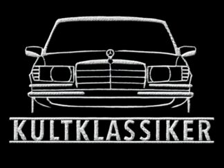 T-Shirt, Stickerei groß, Mercedes S-Klasse W116, Frontansicht, Text KULTKLASSIKER, Weiße Stickerei