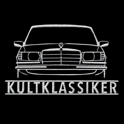 T-Shirt, Stickerei groß, Mercedes S-Klasse W116, Frontansicht, Text KULTKLASSIKER, Weiße Stickerei