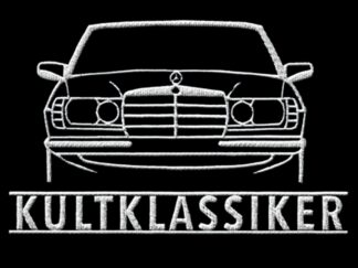 T-Shirt, Stickerei groß, Mercedes W123, Frontansicht, Text KULTKLASSIKER, Weiße Stickerei