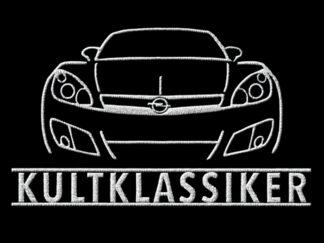 T-Shirt, Stickerei groß, Opel GT Roadster, Frontansicht, Text KULTKLASSIKER, Weiße Stickerei