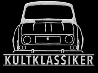 T-Shirt, Stickerei groß, Renault R4, Frontansicht, Text KULTKLASSIKER, Weiße Stickerei