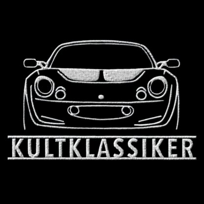 T-Shirt, Stickerei groß, Lotus Elise S1, Frontansicht, Text KULTKLASSIKER, Weiße Stickerei