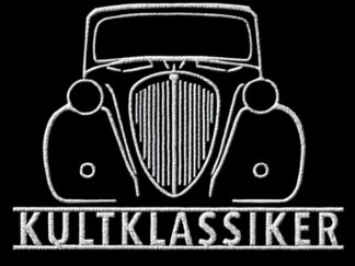 T-Shirt, Stickerei groß, Fiat Topolino A, B, Frontansicht, Text KULTKLASSIKER, Weiße Stickerei