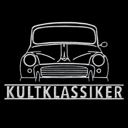 T-Shirt, Stickerei groß, Morris Minor, Frontansicht, Text KULTKLASSIKER, Weiße Stickerei