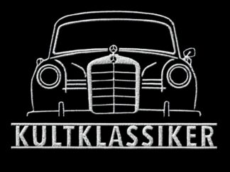 T-Shirt, Stickerei groß, Mercedes W120, Ponton,  Frontansicht, Text KULTKLASSIKER, Weiße Stickerei