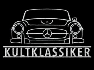 T-Shirt, Stickerei groß, Mercedes 190SL, W121 B II, Frontansicht, Text KULTKLASSIKER, Weiße Stickerei