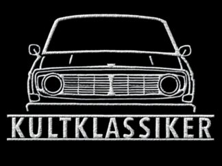 T-Shirt, Stickerei groß, Volvo 140/142, Frontansicht, Text KULTKLASSIKER, Weiße Stickerei