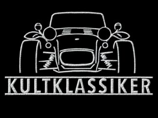 T-Shirt, Stickerei groß, Lotus Seven / Caterham, Frontansicht, Text KULTKLASSIKER, Weiße Stickerei