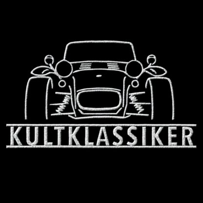 T-Shirt, Stickerei groß, Lotus Seven / Caterham, Frontansicht, Text KULTKLASSIKER, Weiße Stickerei