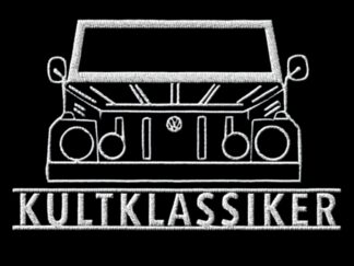 T-Shirt, Stickerei groß, VW Typ 181, Kübel, Frontansicht, Text KULTKLASSIKER, Weiße Stickerei