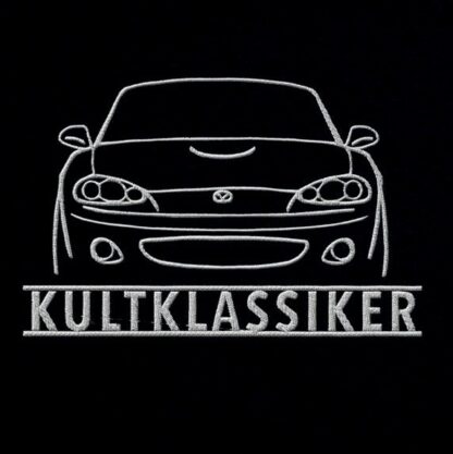 T-Shirt, Stickerei mittig groß, Mazda MX5, Miata, NB, Frontansicht, Text KULKLASSIKER, Weiße Schrift
