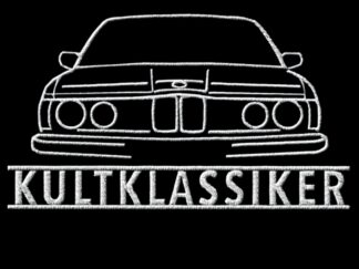 T-Shirt, Stickerei groß, BMW E23, 7er Reihe, Frontansicht, Text KULTKLASSIKER, Weiße Stickerei