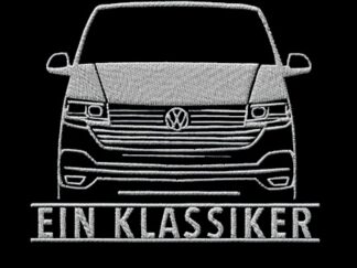 T-Shirt, Stickerei groß, VW Bus T6, Bulli, Frontansicht, Text EIN KLASSIKER, Weiße Schrift