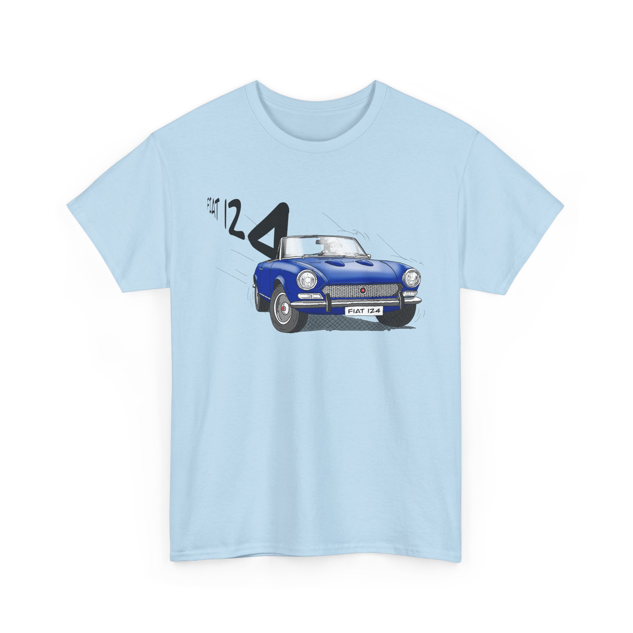 T-Shirt, Fiat 124 Spider, Strichzeichnung, Blau, personalisierbar – Bild 6