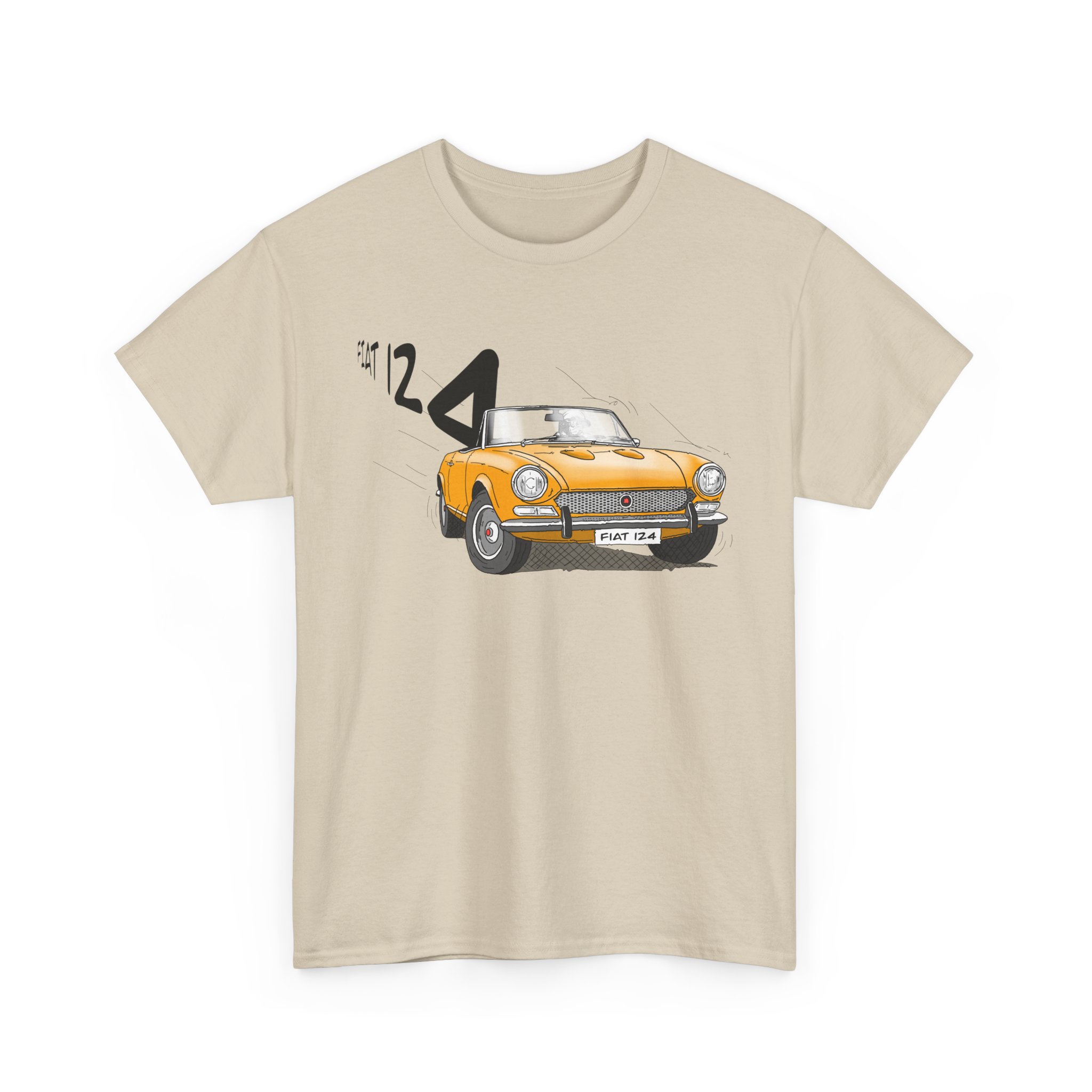T-Shirt, Fiat 124 Spider, Strichzeichnung, Gelb, personalisierbar – Bild 3