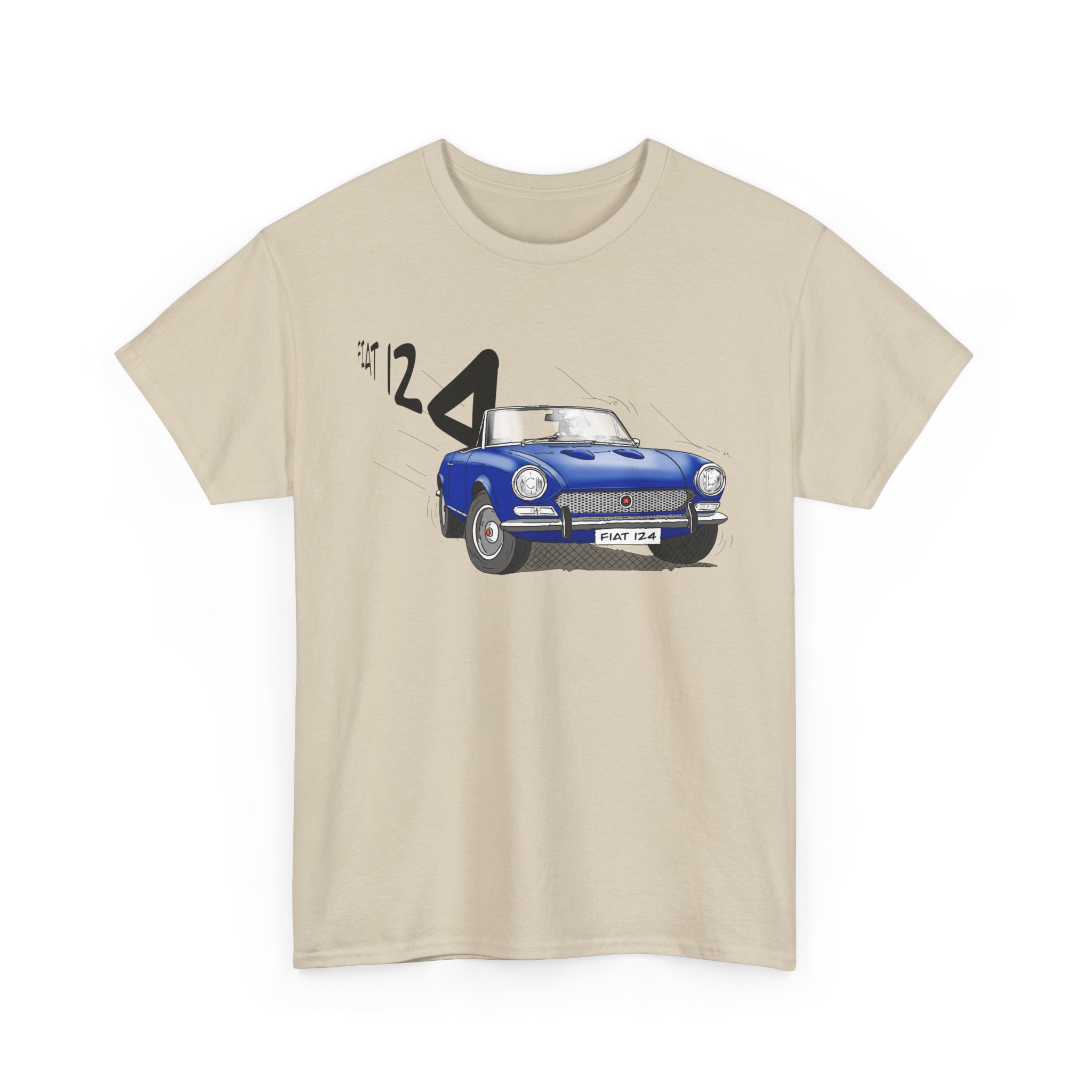 T-Shirt, Fiat 124 Spider, Strichzeichnung, Blau, personalisierbar – Bild 3
