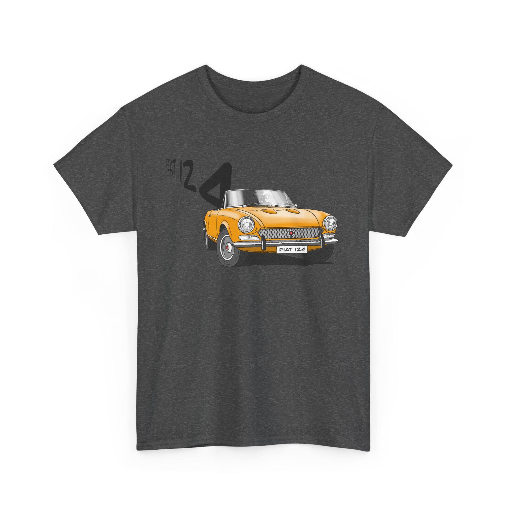 T-Shirt, Fiat 124 Spider, Strichzeichnung, Gelb, personalisierbar – Bild 5