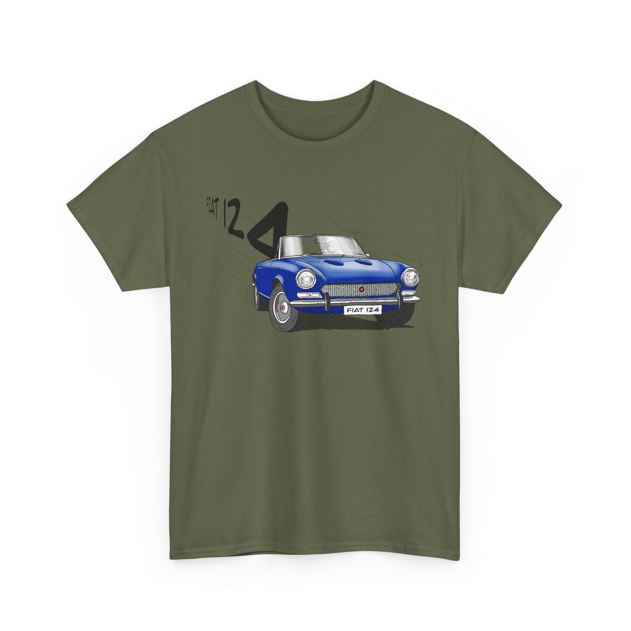 T-Shirt, Fiat 124 Spider, Strichzeichnung, Blau, personalisierbar – Bild 4