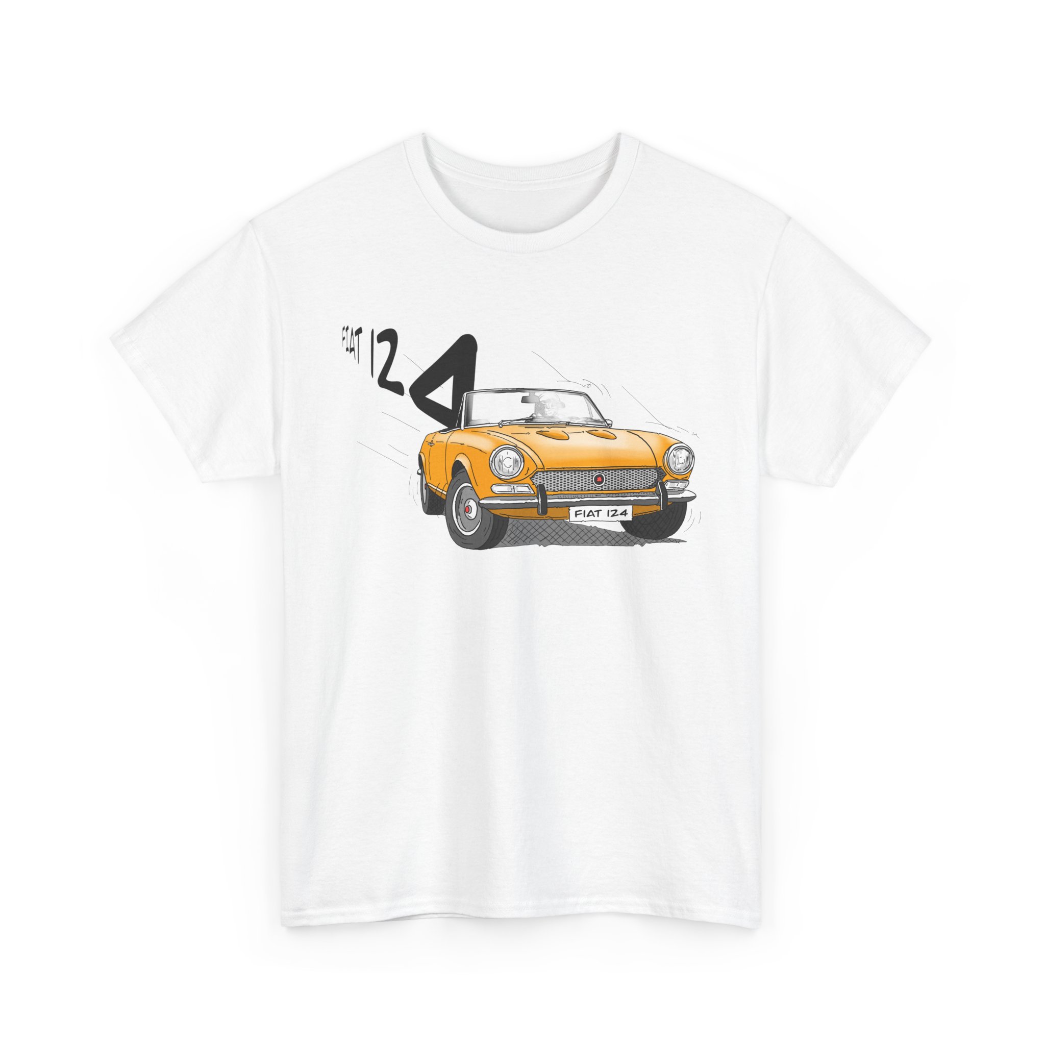 T-Shirt, Fiat 124 Spider, Strichzeichnung, Gelb, personalisierbar – Bild 2