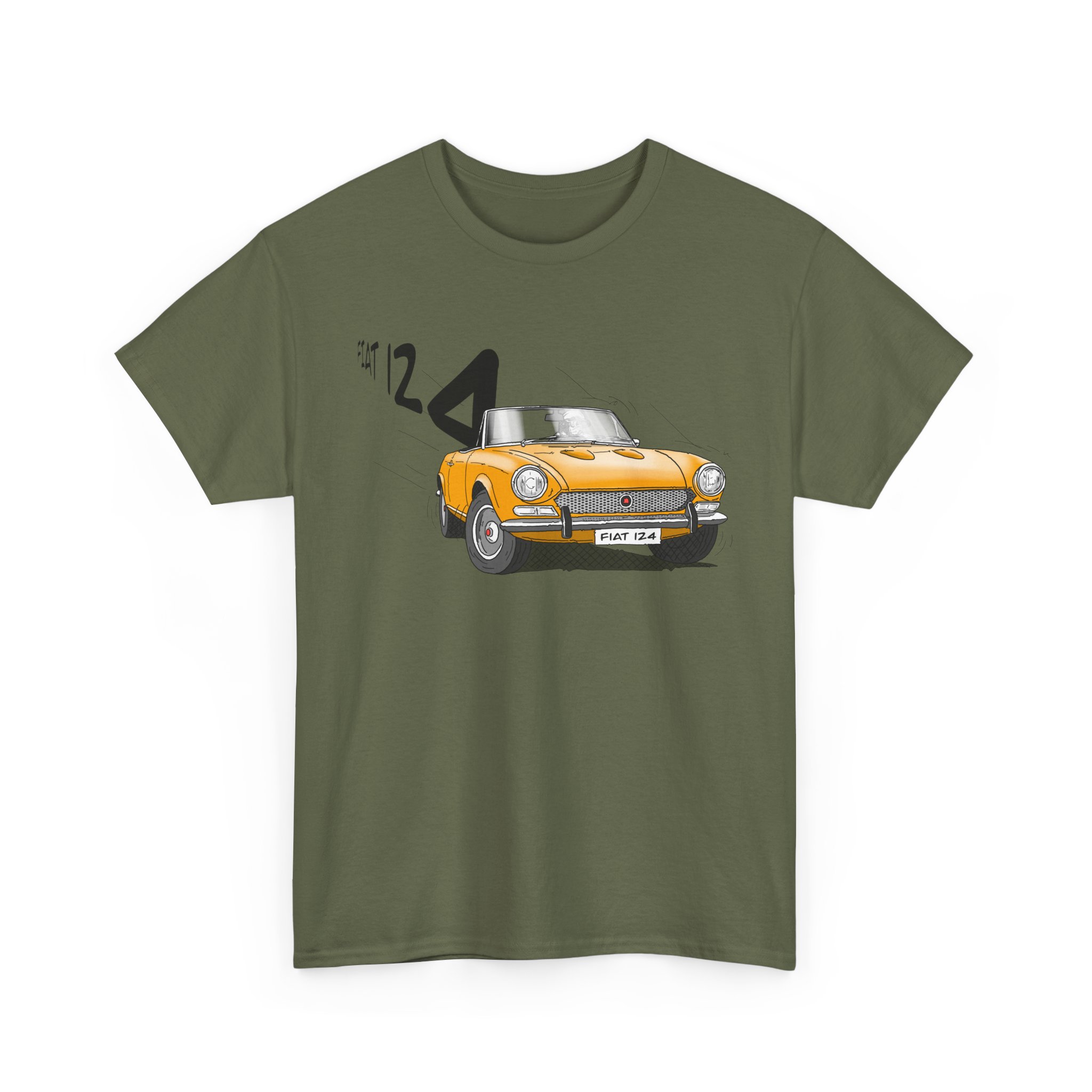 T-Shirt, Fiat 124 Spider, Strichzeichnung, Gelb, personalisierbar – Bild 4