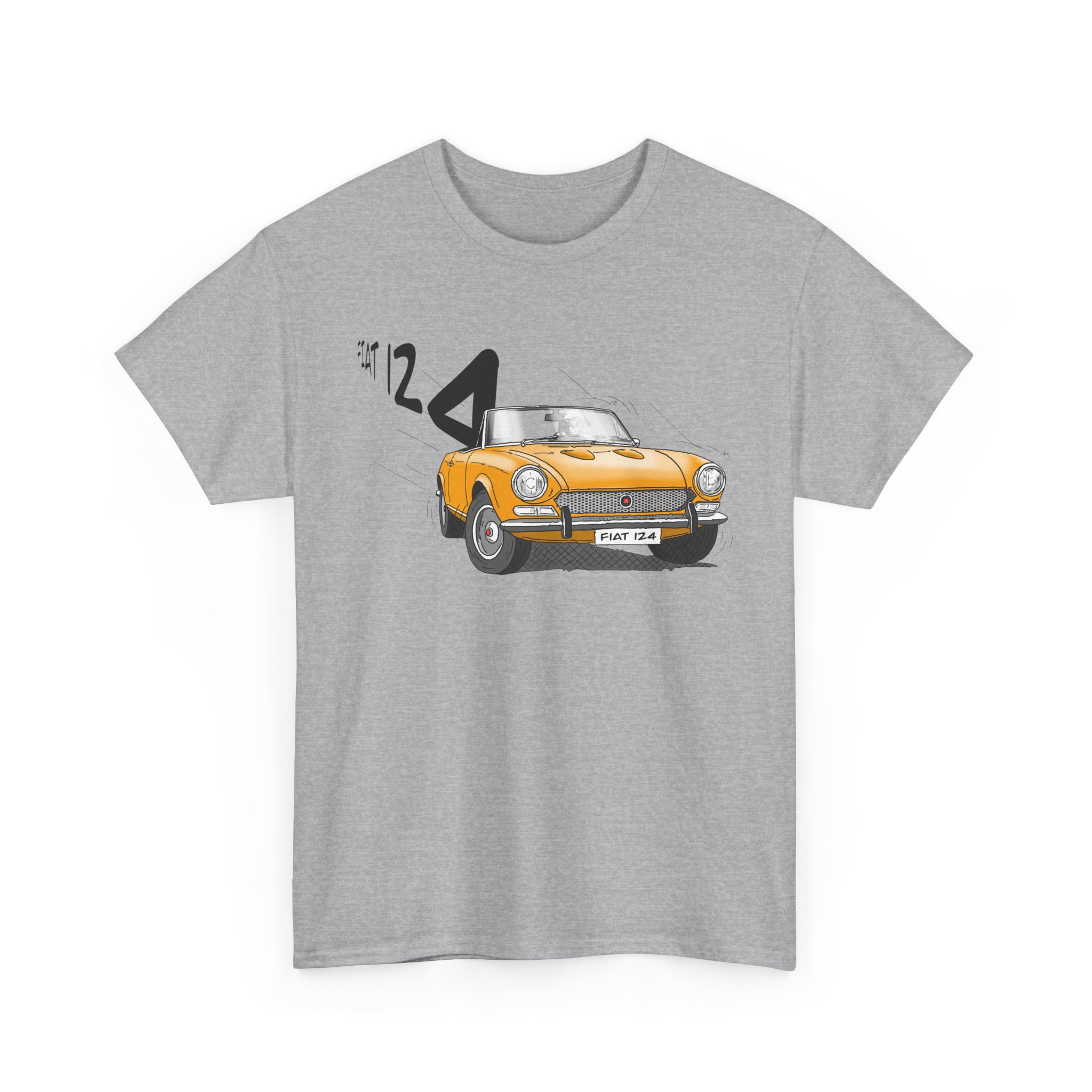 T-Shirt, Fiat 124 Spider, Strichzeichnung, Gelb, personalisierbar